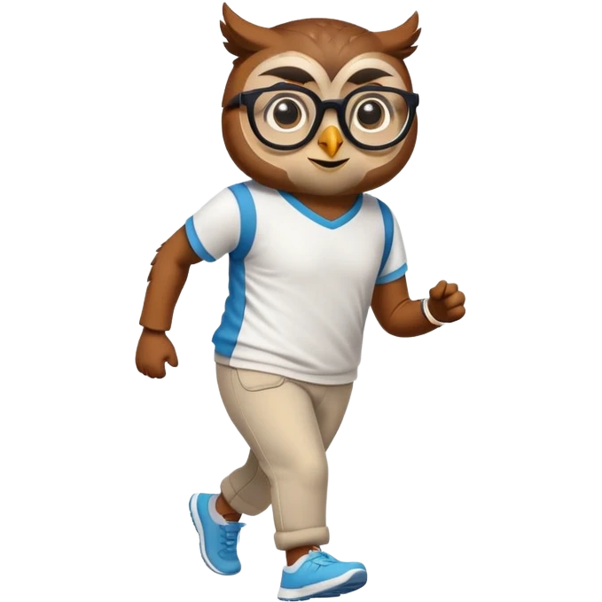 friendly anthropomorphised owl in pants and a shirt, wearing glasses, jogging upright, relaxed pose emoji