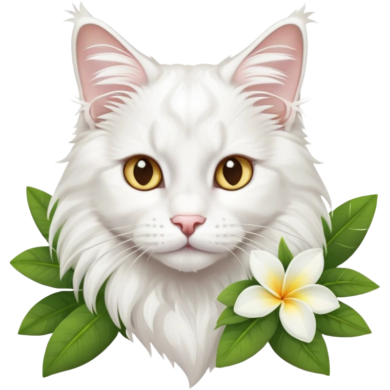 A cute  little white Maine coon and frangipani emoji