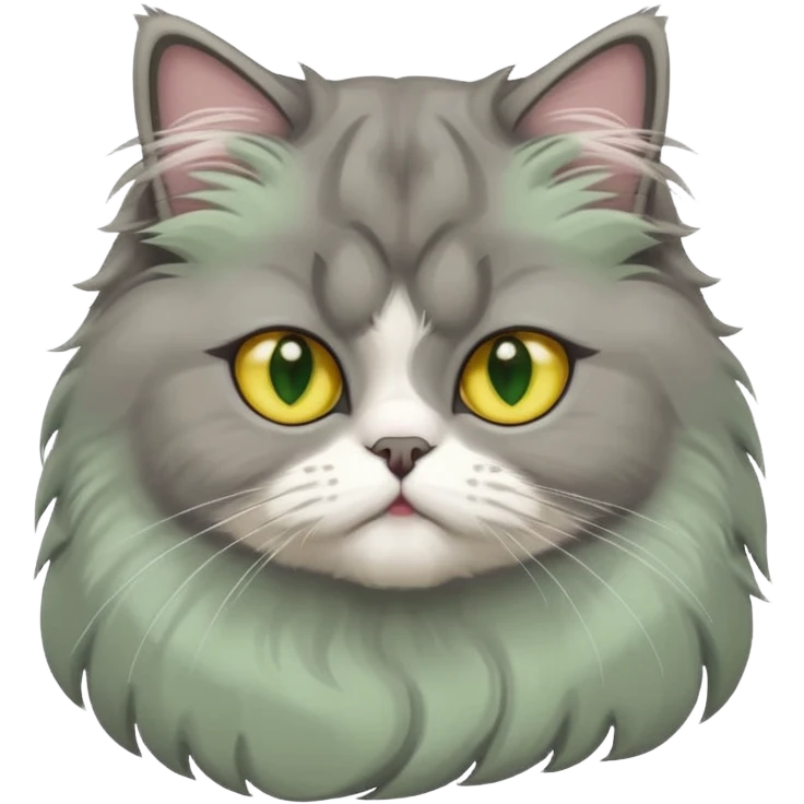 cute Persian cat with long gray fur, white patch on forehead and white chest, big yellow-green eyes, different position, emoji style emoji