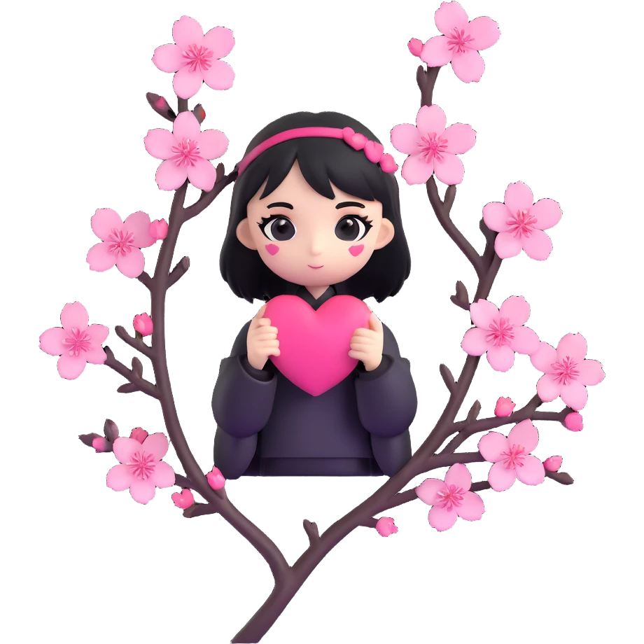 goth sakura heart, heart pierced by sakura branch, black and pink, elegant and moody emoji