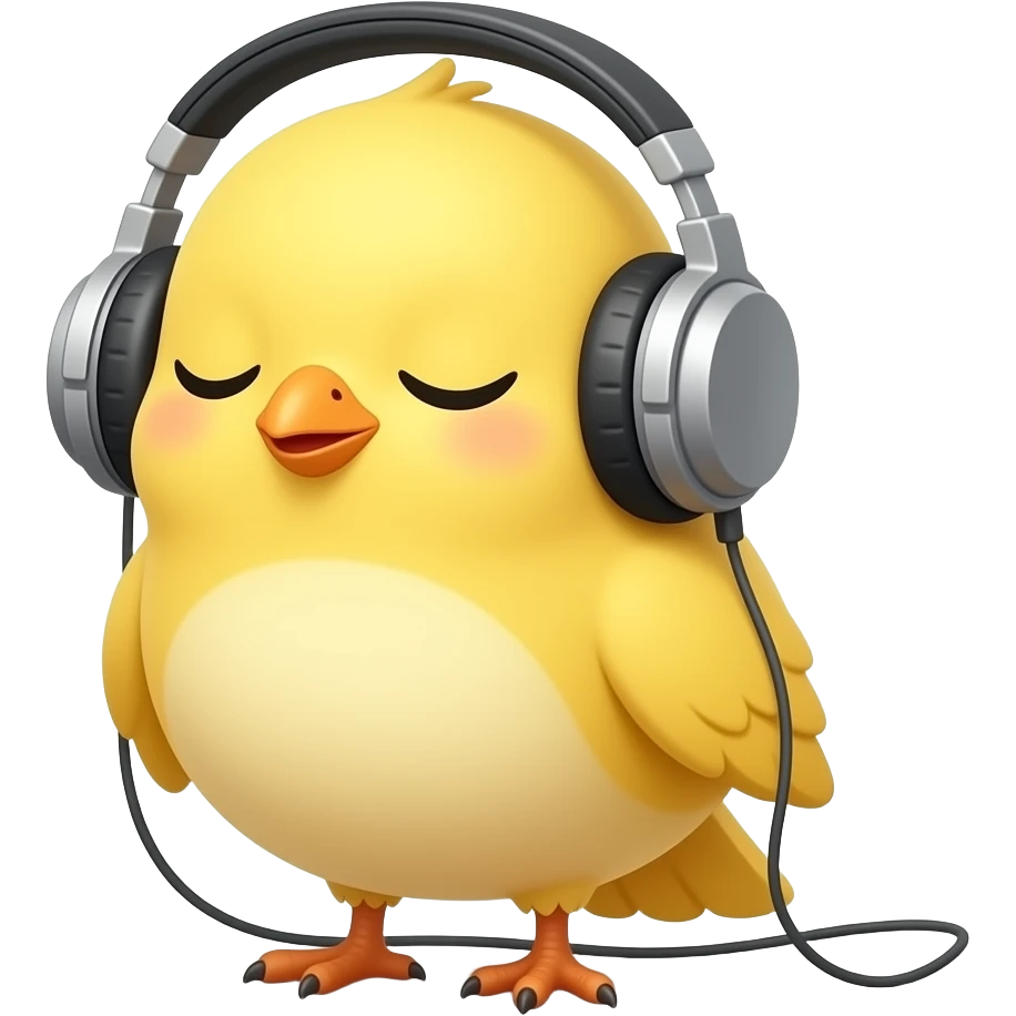 lovable small yellow bird wearing earphones (without a microphone - earphones only!) and listening to music with her eyes closed in a reverie. the image must be a transparent .png emoji