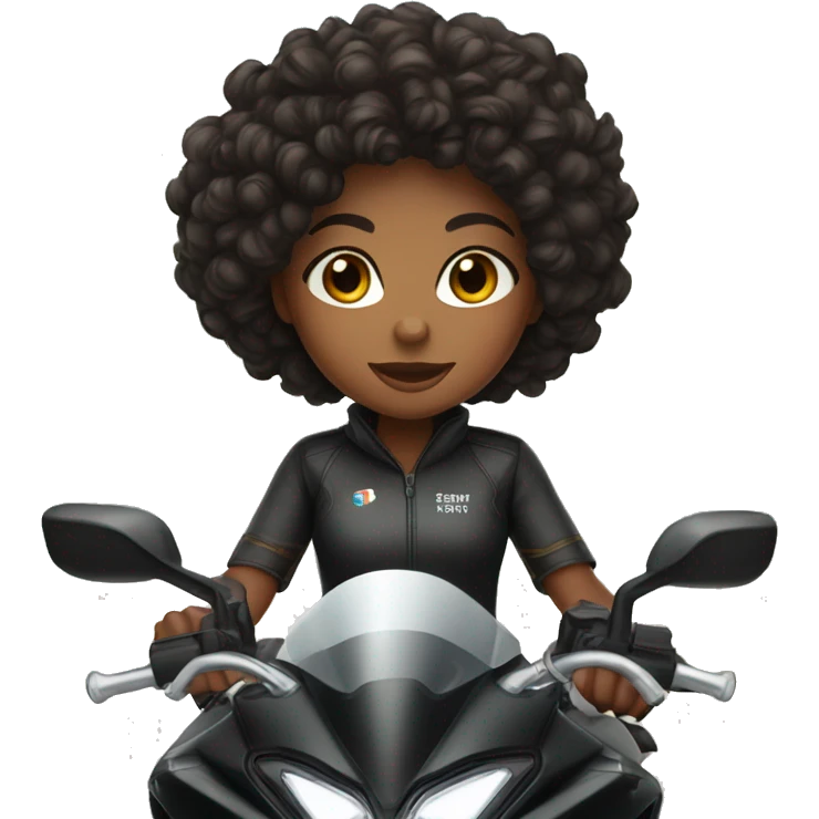 A brown skin girl with curly black hair on a black sports bike  emoji