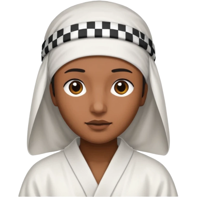 Una persona morena que solo se le vea la cara con una bata de arabe en la cara color blanco con cuadros negros en la cabeza  emoji