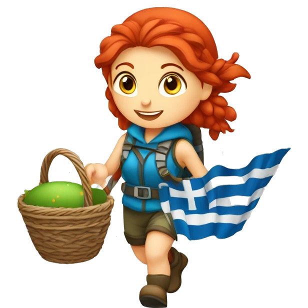 red hair female winter mountaineer climbing with Easter basket and Greek flag emoji