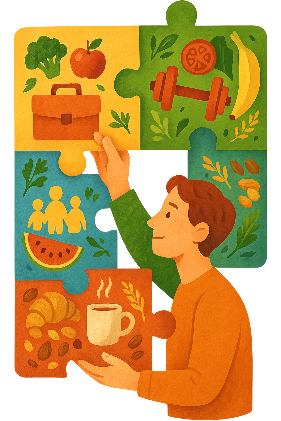 a person is surrounded by puzzle pieces, each representing a different aspect of their life (work, exercise, family, leisure), and healthy foods are integrated into each piece. The person assembles the puzzle, creating a complete, personalized nutrition plan. The mood is uplifting and creative. emoji