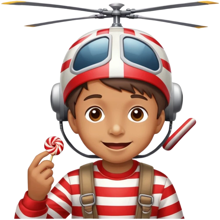 happy kid with helicopter hat eating a candy emoji