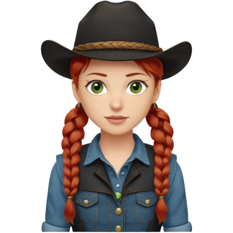 cowgirl with red hair in one braid over shoulder, green eyes, black hat  emoji