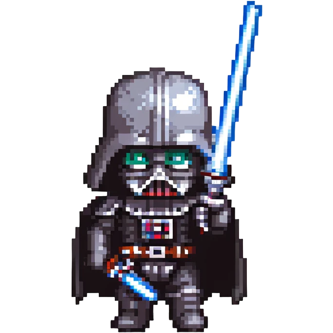 Darth Vader, pixel art, chibi proportions, holding a lightsaber emoji