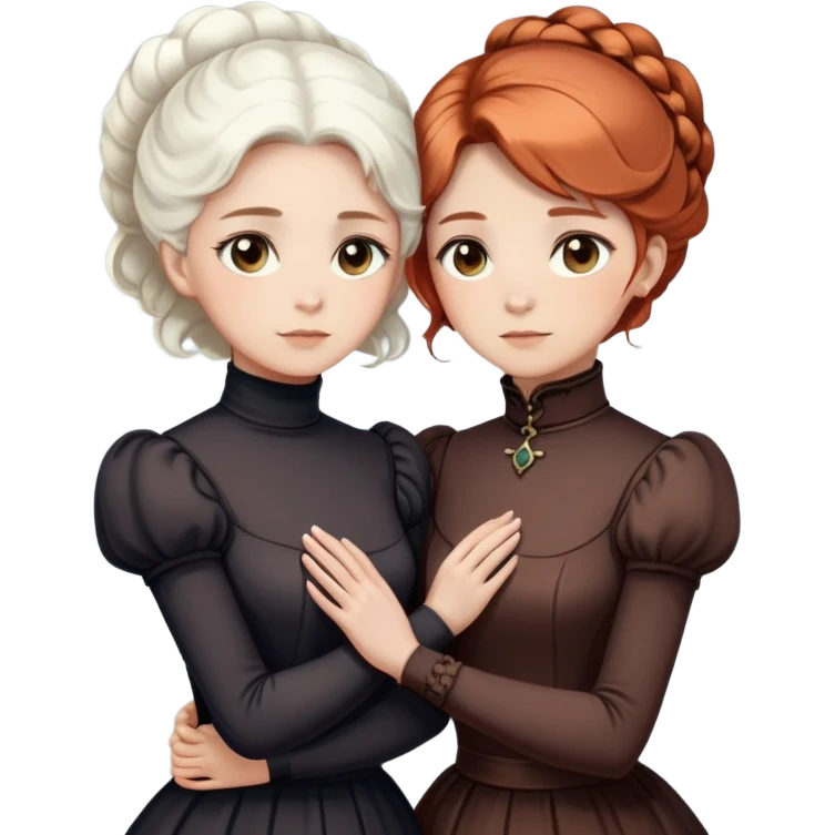Two Victorian women with light eyes standing close together, one with bright pure white coiffed hair and one with dark copper coiffed hair, both wearing Victorian turtleneck dresses with their arms wrapped tightly around each other emoji