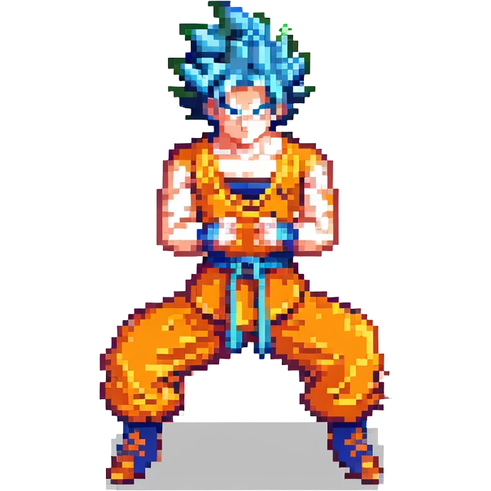 Goku as a pixel art character, spiky hair, orange outfit, fighting stance emoji