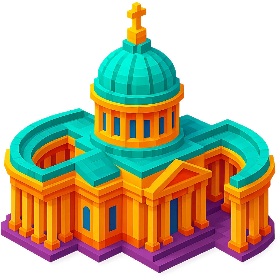Kazan Cathedral of Saint Petersburg, classic architecture, large central dome, colonnade, isometric view emoji