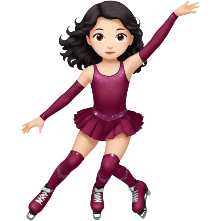 Una patinadora de 12 años y es morena de pelo y lleva un mallott granate con brillos y esta patinando con patines de ruedas en linea y su piel es clara y el pelo es largo negro ondulado e mallot tiene falda emoji