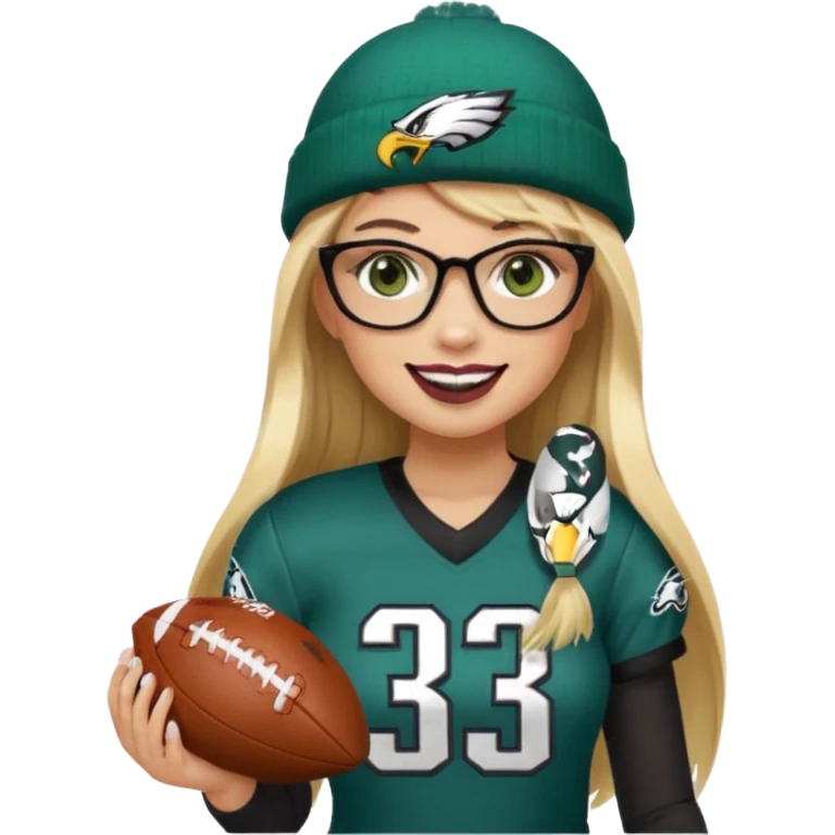full length women wearing eagles uniform, long straight blonde hair, bangs, green eyes, black rectangle glasses, holding football, number 33, smiling, lipstick, eagles beanie emoji
