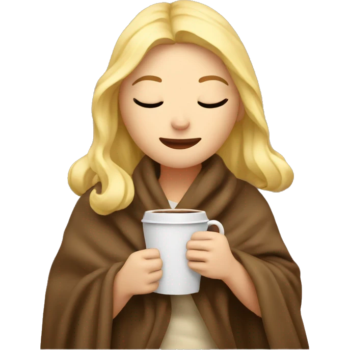 Blonde girl inside blanket holding coffee with eyes closed emoji