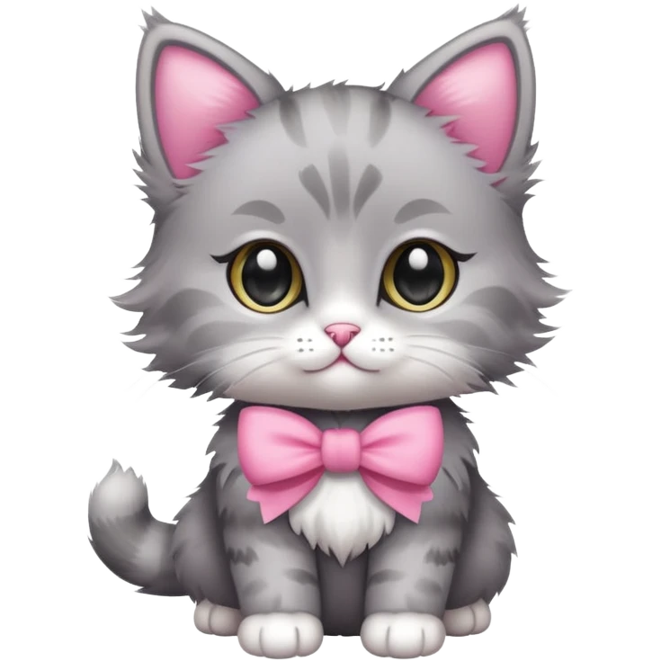 cute baby cat, full body, fluffy, gray with pink bow emoji