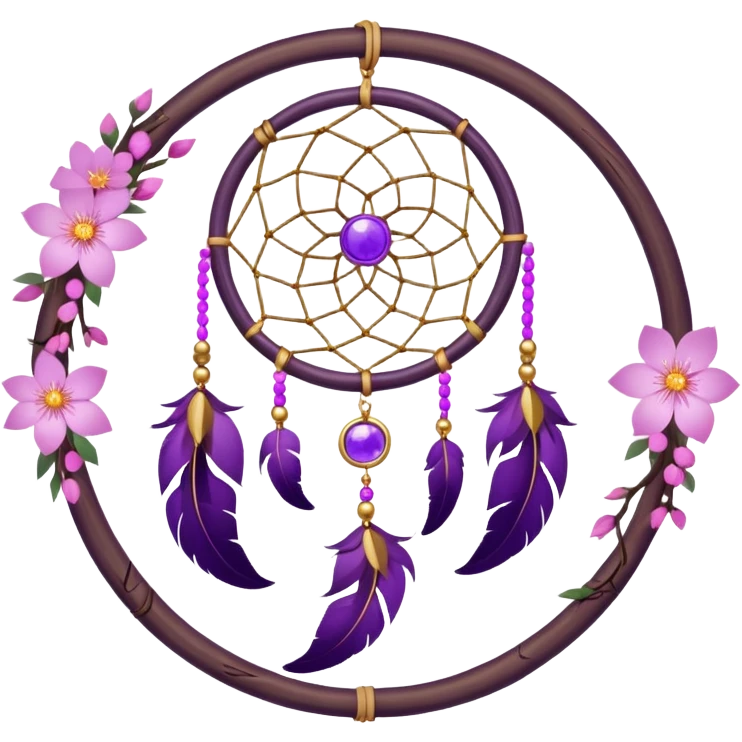 A white-wooden-circle-framed Dreamcatcher. with purple-round-orbs, gold-rings hanging down. purple flowers, pink sakura flowers, emoji