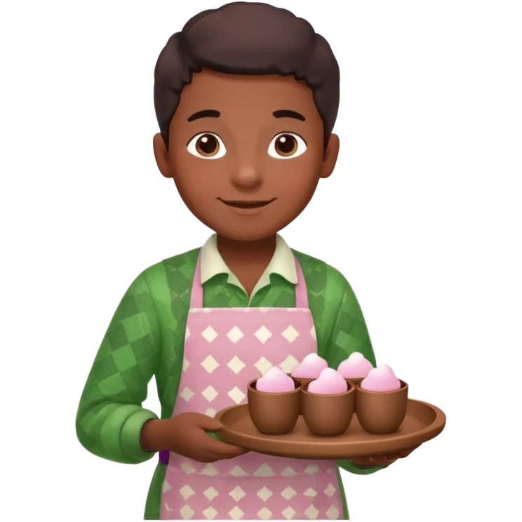A young black vendor boy with pink cheeks, holding a tray of marshmallow-topped cocoa wearign green patterned apron emoji