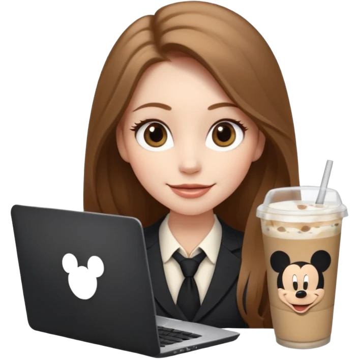 Women in front of laptop has a Mickey sticker, with a happy face, face a little fuller, long light brown hair, light brown big eyes, light pale skin with a iced coffee on the side, business attire emoji