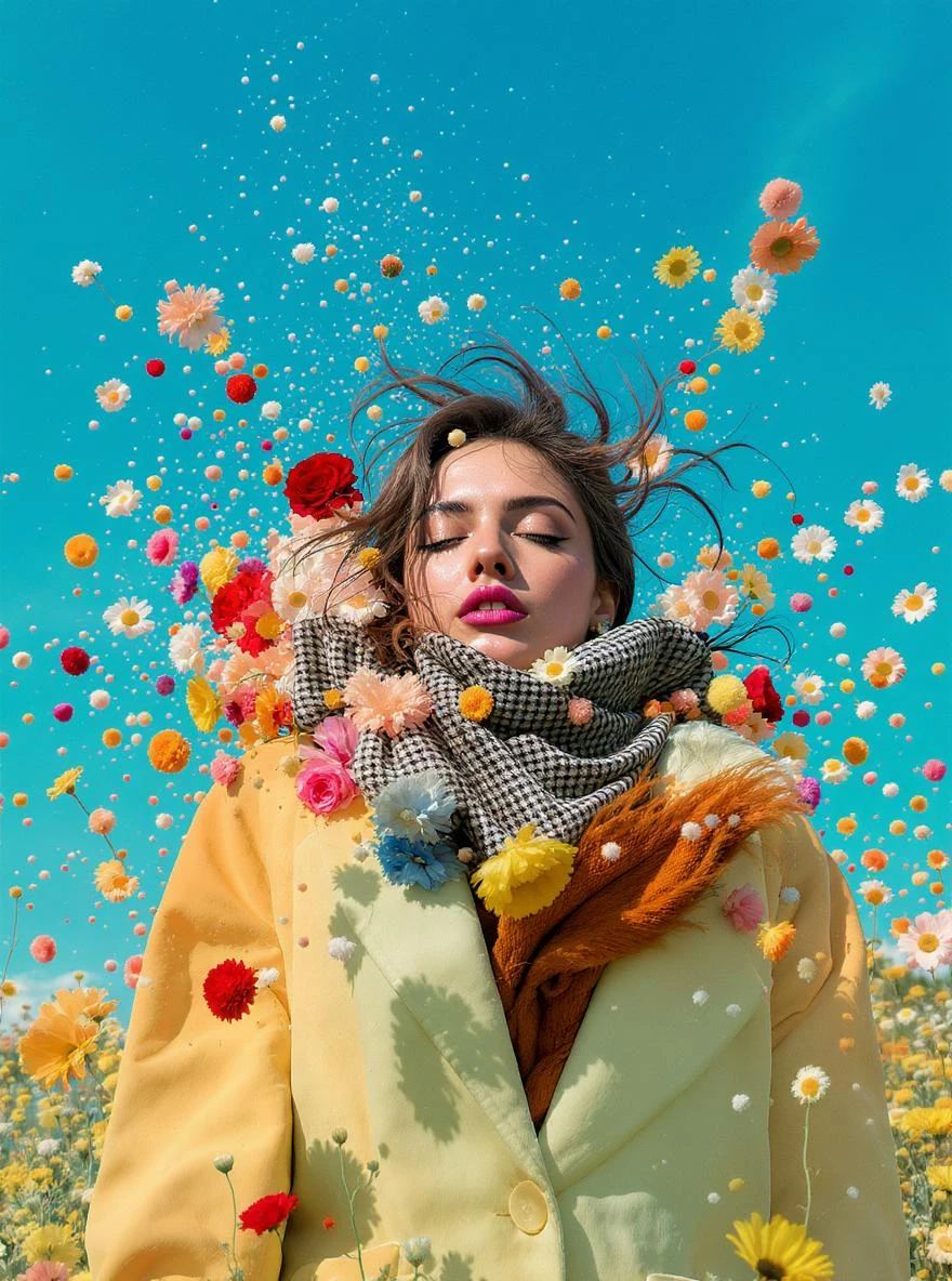 Minimalitic Closeup photo of a woman falling around explosion of a colorfull flowers wearing alternative fashion, blue sky minimalistic background emoji