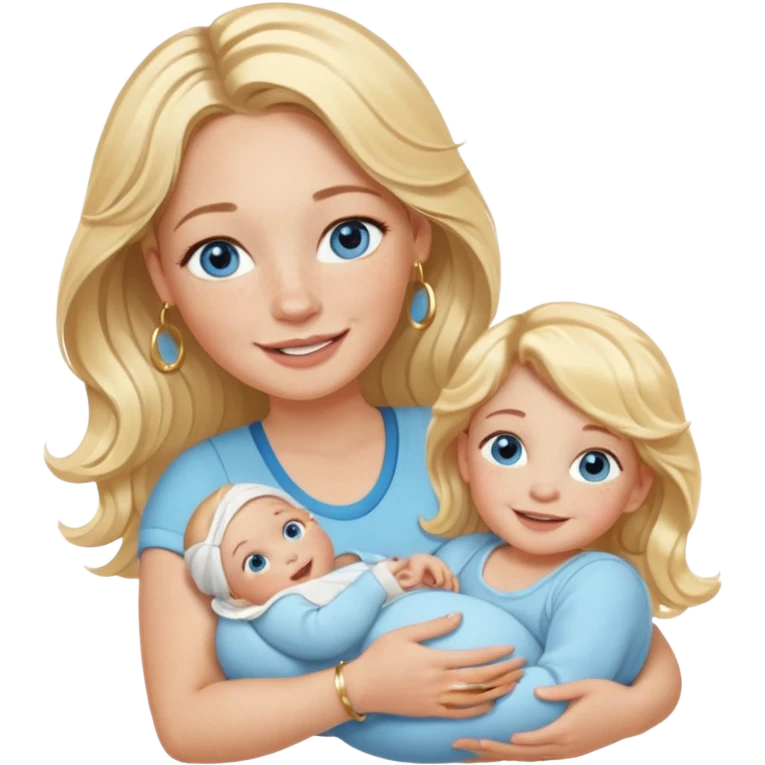 Wavy blonde, white woman with blue eyes, freckles hoop earrings, holding babies smiling and really cute in gold hoops she needs to be holding three newborns, and she needs to be more cute than pretty emoji