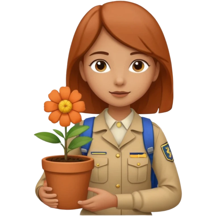 young girl wearing packpack, wearing uniform, holding a flower pot emoji