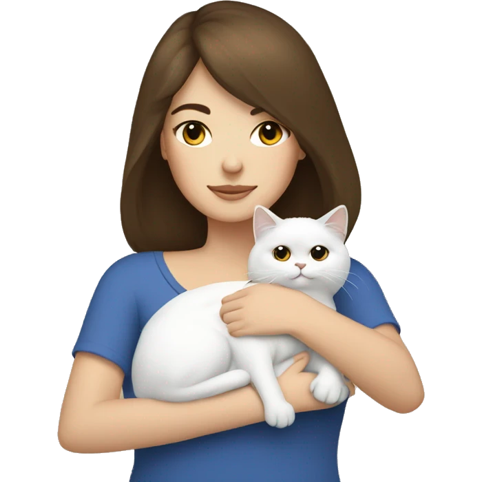 Brunette woman snuggling white Persian cat emoji