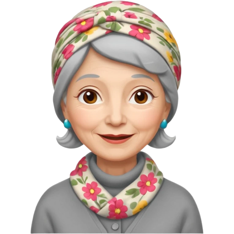 A kind old Soviet village grandmother emoji — elderly woman wearing a floral headscarf tied under her chin, simple gray cardigan, warm smile, friendly face, flat emoji style, minimal Apple-like design. emoji
