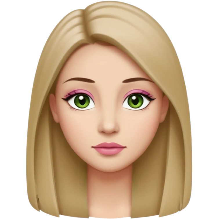 ,Adult woman avatar, light skin tone, oval face, long straight ash-brown hair, green almond-shaped eyes with dramatic eyelashes and minimal eyeliner, neutral mouth, medium straight eyebrows, small nose, natural pink lips, smooth skin with light natural blush emoji