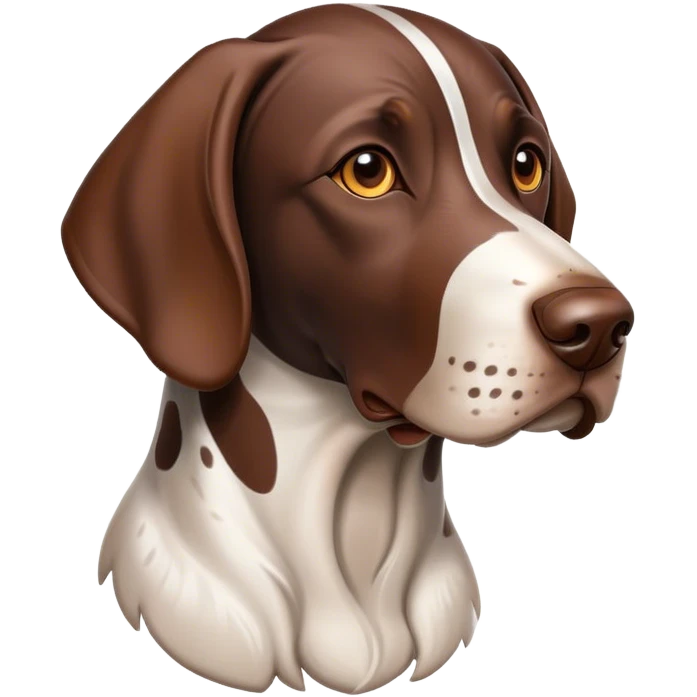 Cinematic German Pointer Portrait Emoji, Elegant and alert, sleek brown and white tones, Simplified yet sharp features, highly detailed, glowing with a warm, confident glow, high shine, intelligent and poised, stylized with an air of grace, focused and attentive, soft glowing outline, capturing the essence of agility and loyalty, so lifelike it feels as though it could spring into motion at any moment! emoji