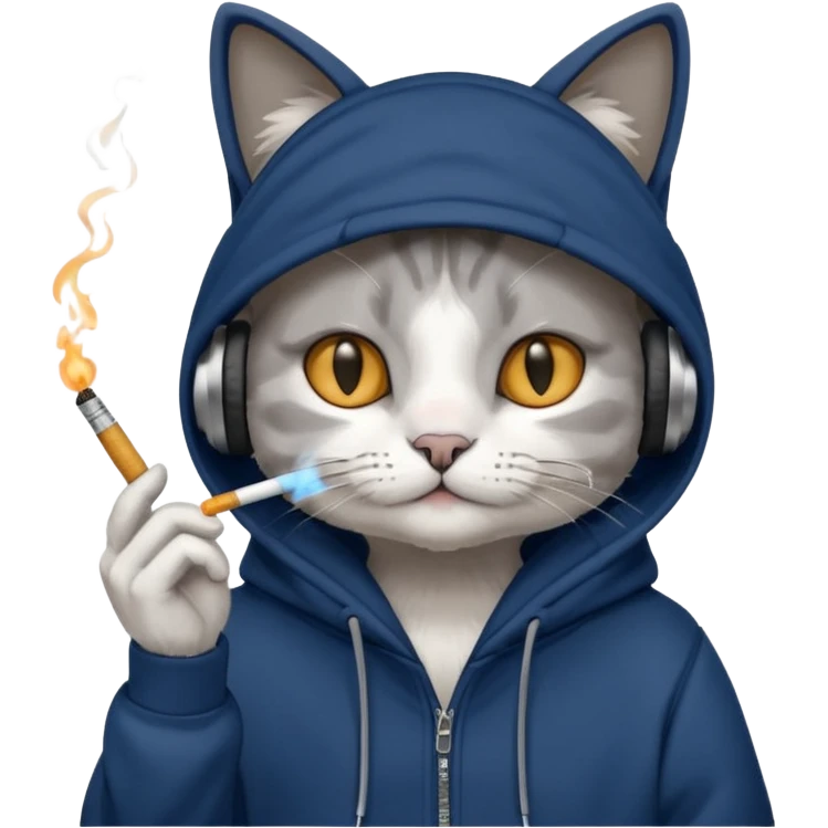 cat in headphones, in a dark-blue almost black oversized hoodie with a cigarette in his hand emoji