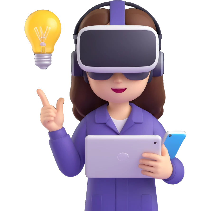 emoji-style 3D glossy character with VR headset, digital tablet in hand, lightbulb above head, modern minimal design, cute and curious expression emoji