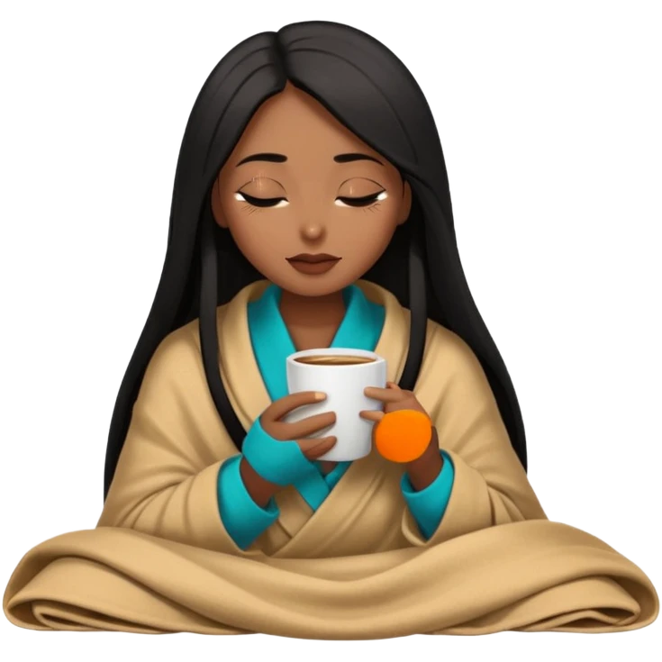 Chocolate brown girl with long straight jet black hair wrapped inside a tan blanket sipping coffee eyes closed emoji