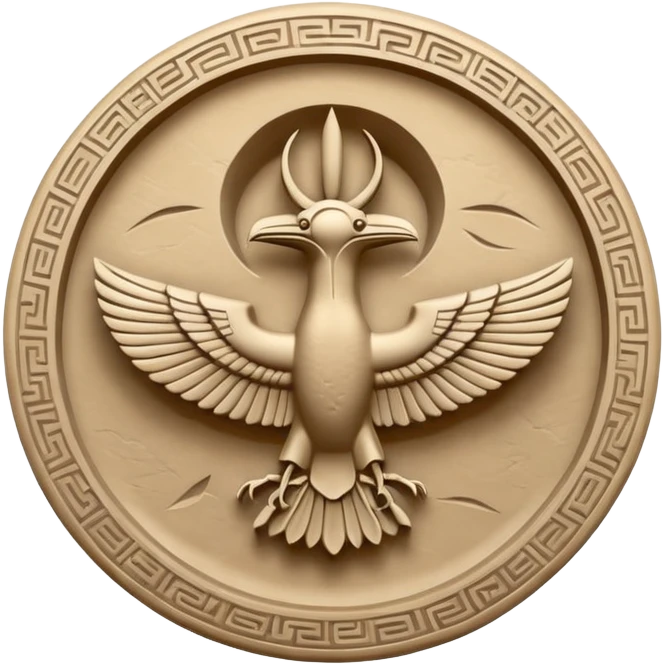 Minimal Faravahar-inspired ancient glyph,
Unicode-like pictogram similar to 𓄂𓆃,
abstract, single-symbol design,
monochrome, flat,
ancient carved sign,
no background, no text emoji