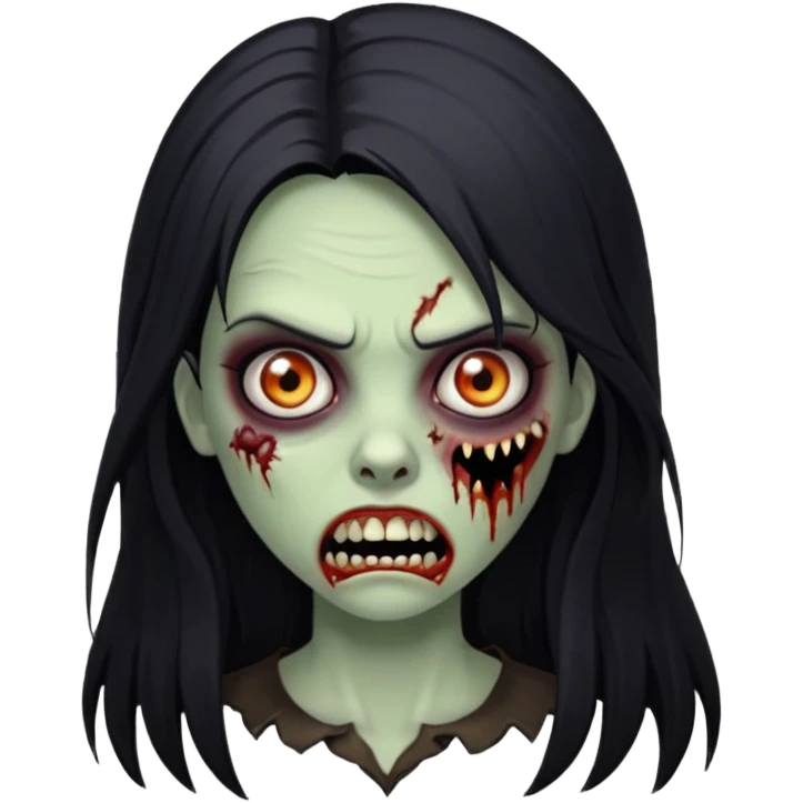 Girl zombie with black long hair with teeth and serious face IOS style emoji