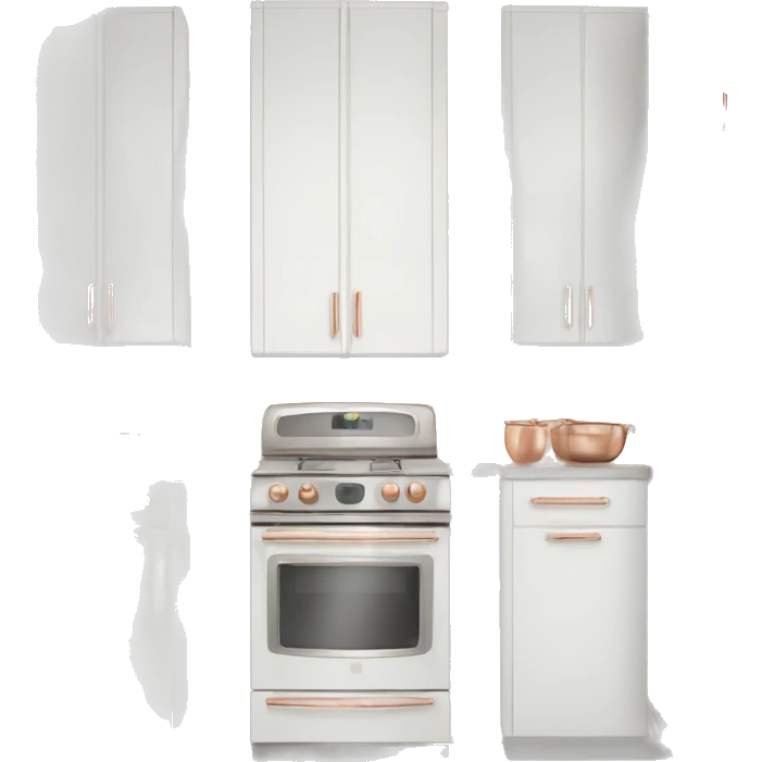 Realistic front facing white and rose gold hanging kitchen cabinets  emoji