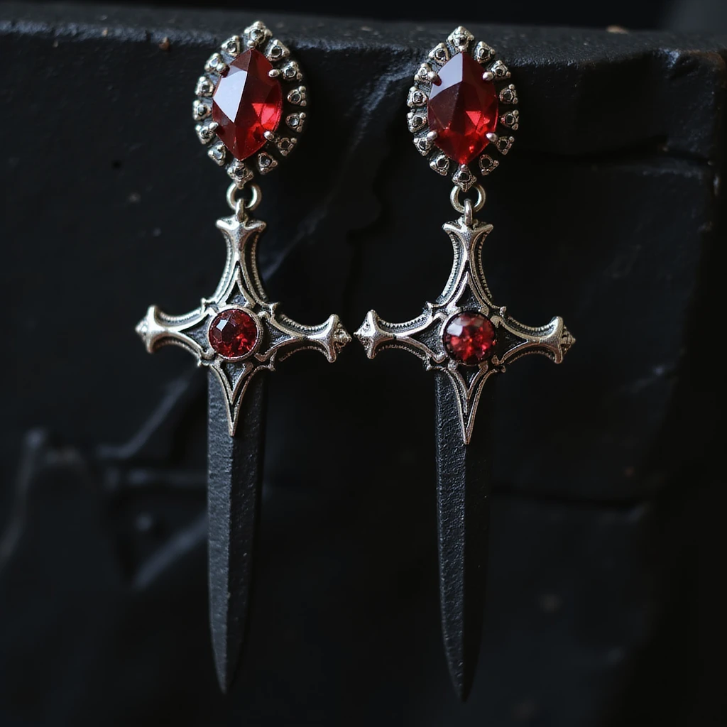 realistic goth earrings, black dagger with red gem, metallic and gemstone, dramatic gothic emoji