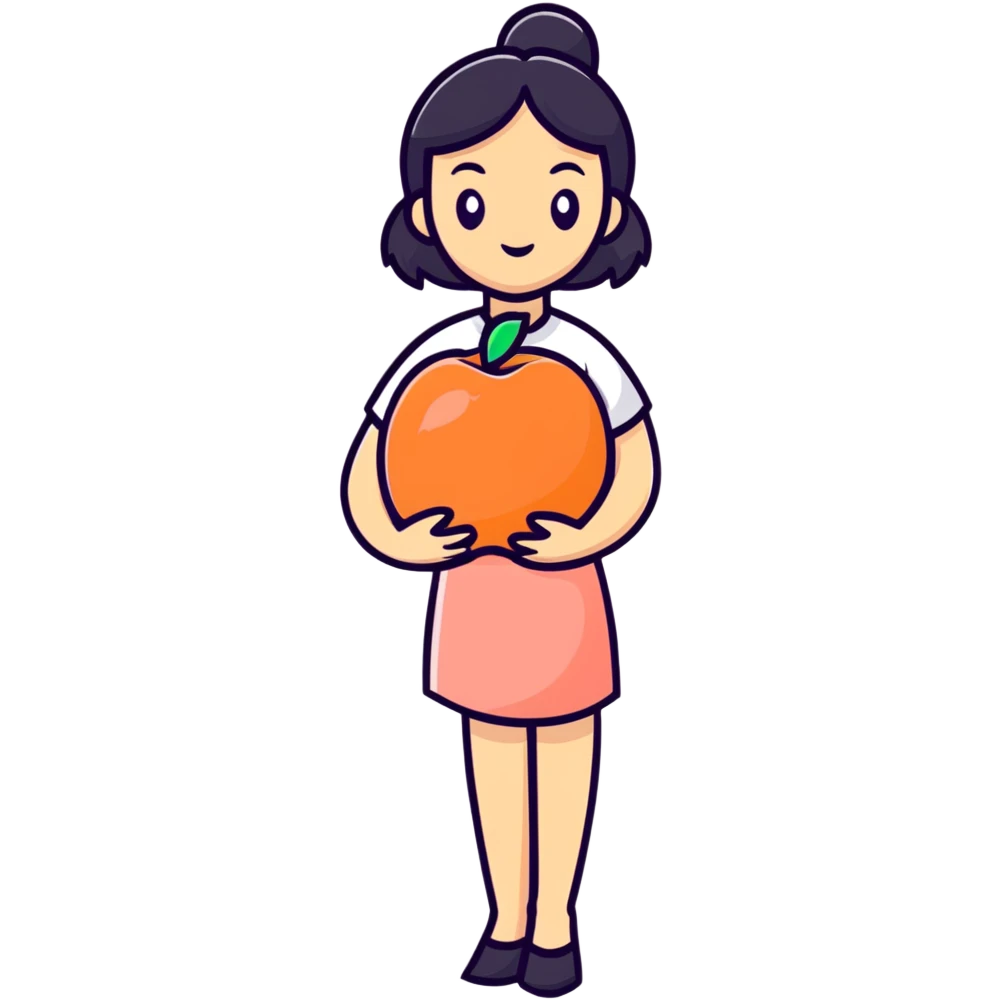 Woman with large peach emoji