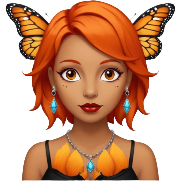 A siren with dark orange hair, red lips, dark eyes, nice eyelashes, bunch of ear piercings, a necklace and only one Monarch butterfly on her shoulder emoji