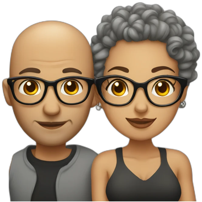 Bald man with tattoos and curly-haired lady wearing glasses emoji