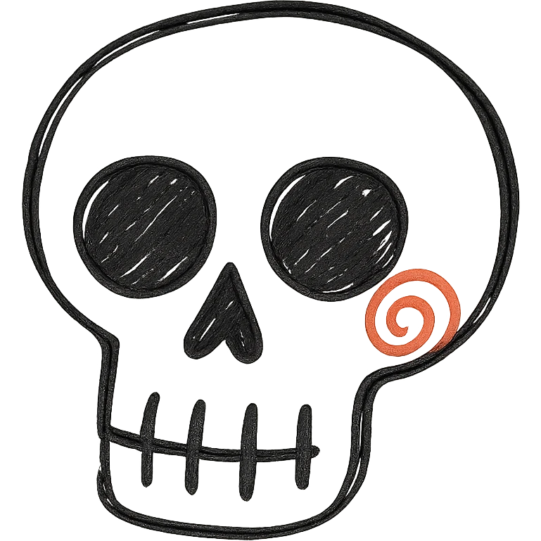 Add a red spiral to the cheek of the skull, keep the hand drawn style with expressive linework, no fill, preserve transparent background. emoji