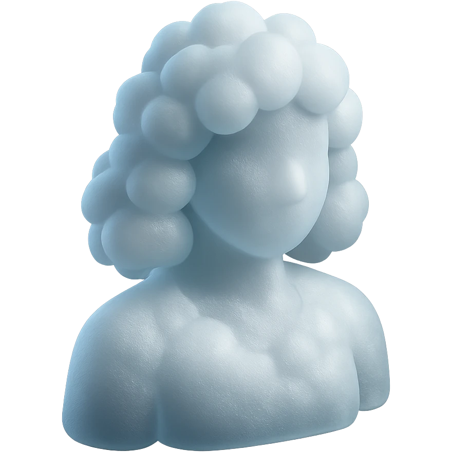 person made entirely of white clouds, fluffy, convex, shoulder length, front view, matte glass style emoji