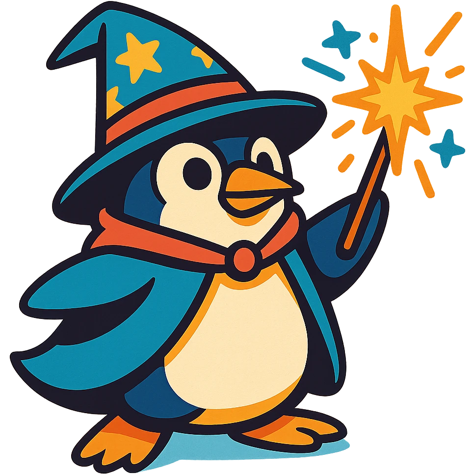 vibrant toon style penguin wizard casting a spell emoji