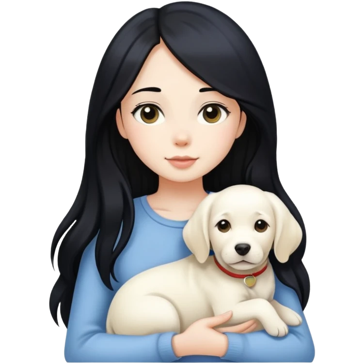 A beautiful girl with long black hair and fair skin is holding a white Labrador emoji