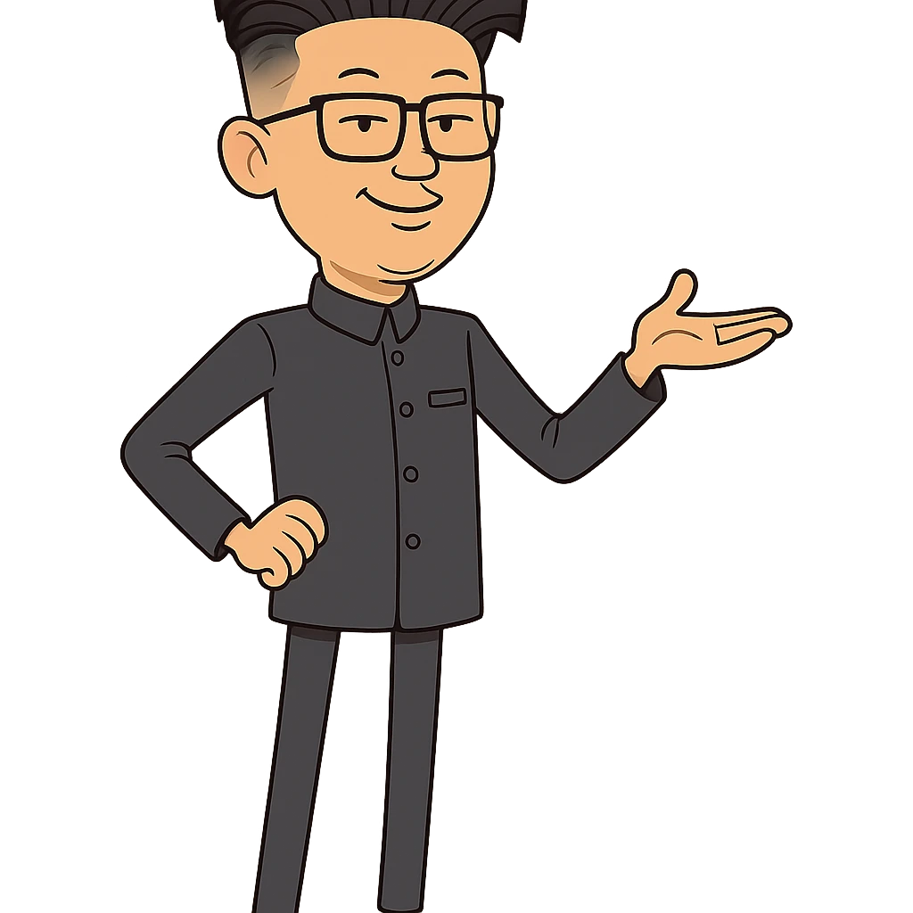 cartoon caricature of Kim Jong Un, skinny, wearing signature suit, confident expression, playful and lighthearted style emoji
