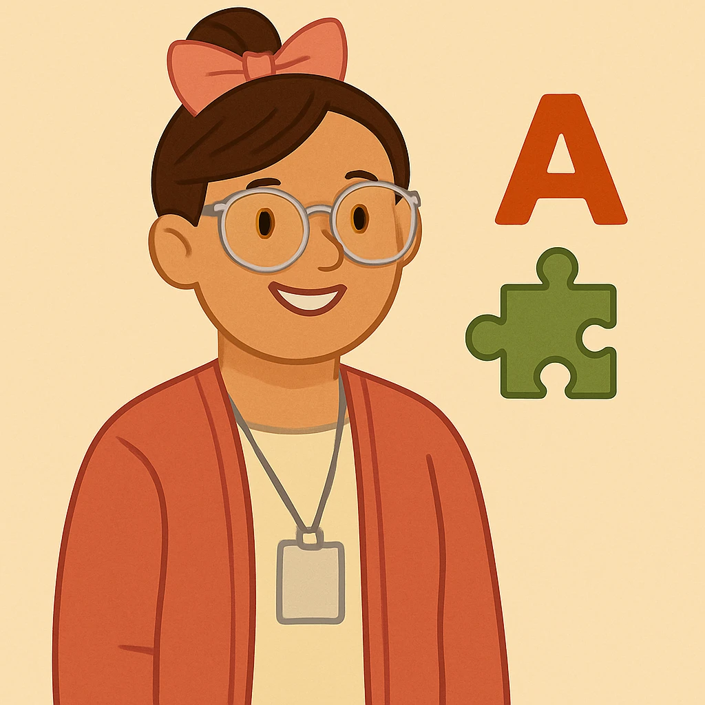 Add glasses to the special education teacher with a pink bow in her hair, maintaining a clear and friendly style. emoji
