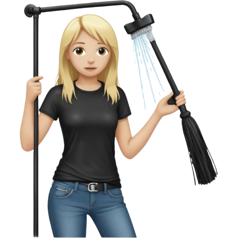 Bdsm male dominant wearing jeans black T-shirt and holding a flogger watching from outside blonde long hair sub with a collar showering with suds all over her emoji