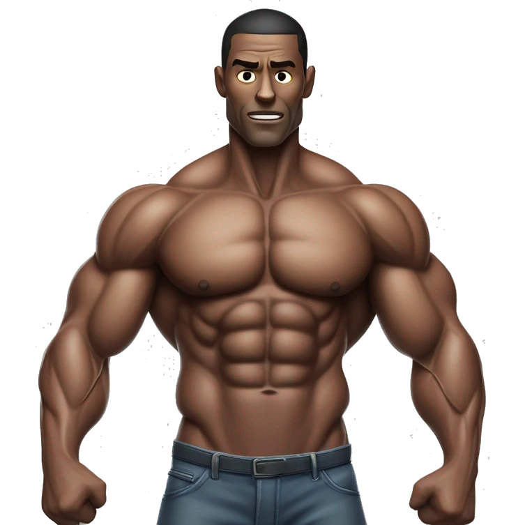 A muscular man with veins visible across his chest, but his arms are extremely thin, creating a striking contrast with his well-defined six-pack. His exaggerated physique, with unusually thin arms, creates a surreal and intense visual. emoji