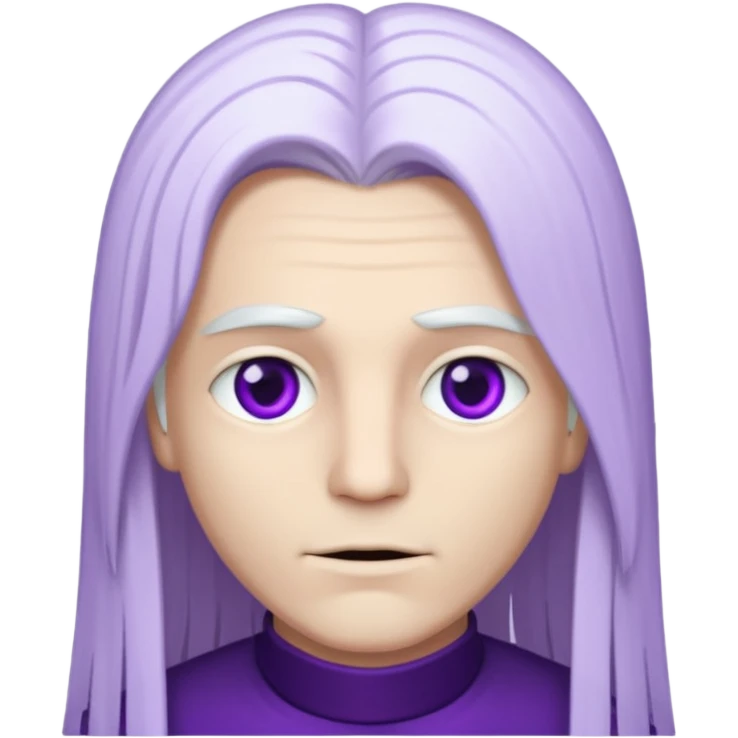Beyaz uzun ve düz saçları olan,mor göz rengi olan, bembeyaz tenli bir erkek,genç emoji