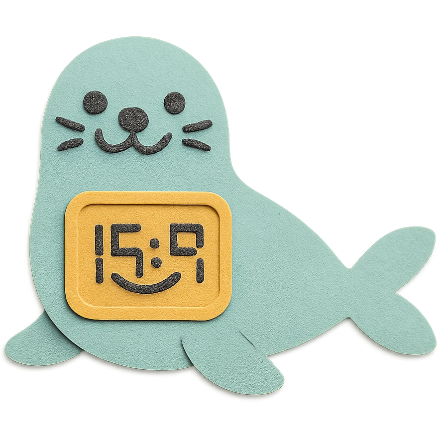cute seal-shaped digital clock, displaying a smiley face as the time, mint blue, full-body emoji