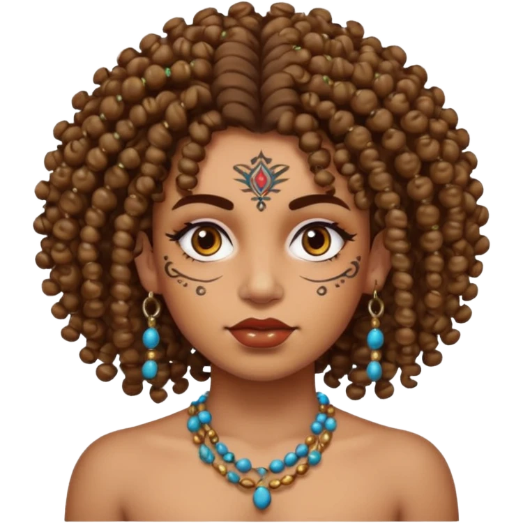 curly haired and heavy face tattoed person with a unique face and style, beads in hair emoji